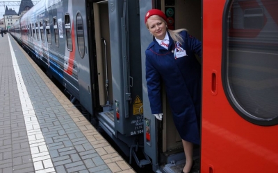 El tren Rossiya 1/2, en la estación moscovita de Yaroslavsky, dispuesto a emprender viaje hacia Vladivostok (9.259 kilómetros, 14 regiones, 90 ciudades, 16 ríos, 144 horas).