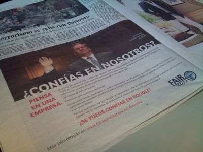 Conflicto entre el buscador y la industria tur&iacute;stica. No conf&iacute;e en Google para buscar viajes, mensaje de una campa&ntilde;a en prensa