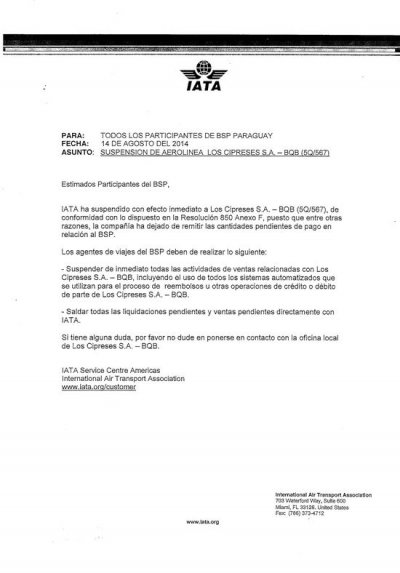 Facs&iacute;mil del comunicado de IATA enviado a los operadores paraguayos que lleg&oacute; a Uruguay y nos fue remitido a Panam&aacute;. As&iacute; trabaja el PDA.