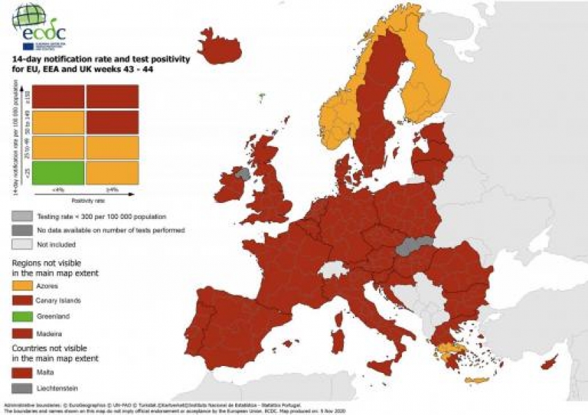 Mapa de riesgo que elabora el Centro Europeo para el Control de Enfermedades.